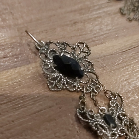 Silver Tone Dangle Earrings with Black Stones - Picture 3 of 3